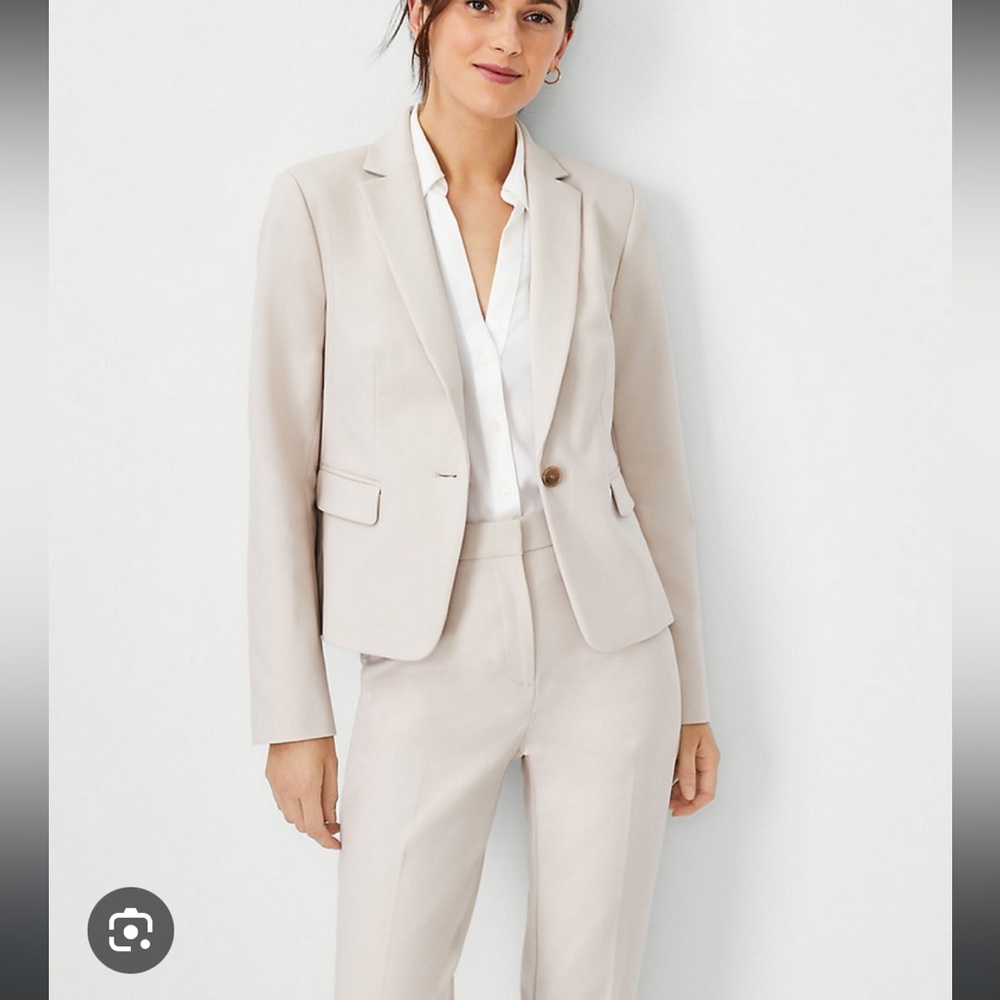 Ann Taylor Suit Stretch Cotton One Button Blazer and High Waist Ankle Pant
